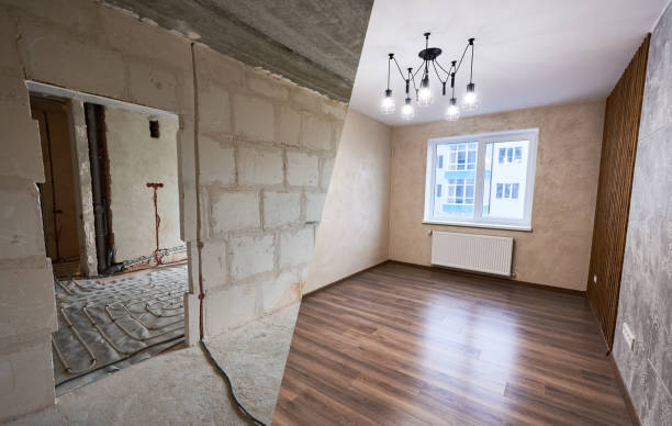 Empty room before and after repairs. Spacious light room with modern wood laminate and chandelier vs empty doorway with a view to another unfinished room. Concept of home restoration and renovation